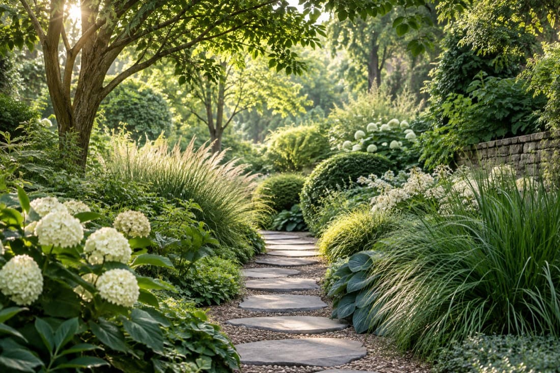 A sunlit garden path winding between leafy green plants and ivory flowers
